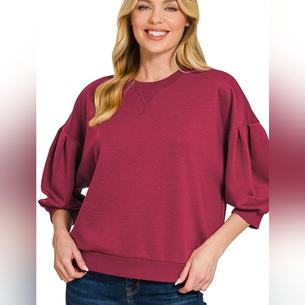 Zenana Scuba Dolman Sleeve Sweatshirt Casual Red Pullover Women's Top - Picture 4 of 7